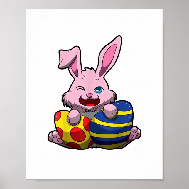 Cute Easter Bunny with Coloured Eggs - Happy Easte Poster (Front)