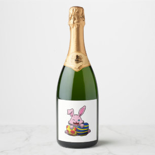 Cute Easter Bunny with Coloured Eggs - Happy Easte Sparkling Wine Label
