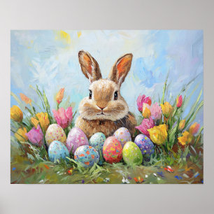 Cute Easter Bunny with Coloured Eggs Poster