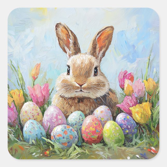 Cute Easter Bunny with Coloured Eggs Square Sticker (Front)