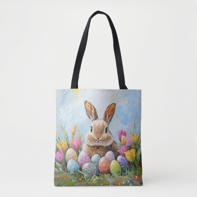 Cute Easter Bunny with Coloured Eggs Tote Bag (Front)