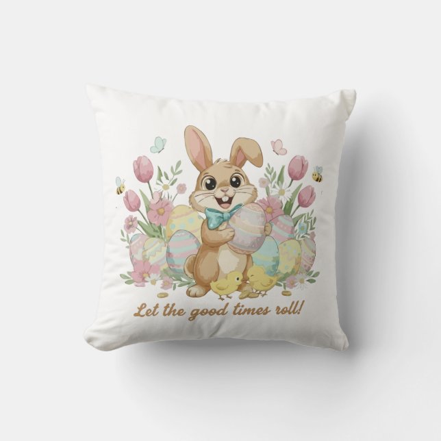Cute Easter Bunny with Colourful Eggs and Spring  Cushion (Front)