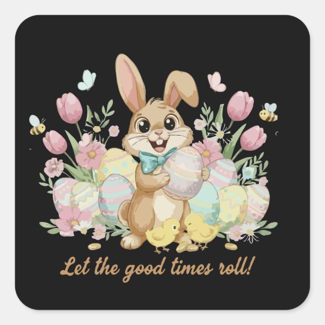 Cute Easter Bunny with Colourful Eggs and Spring  Square Sticker (Front)