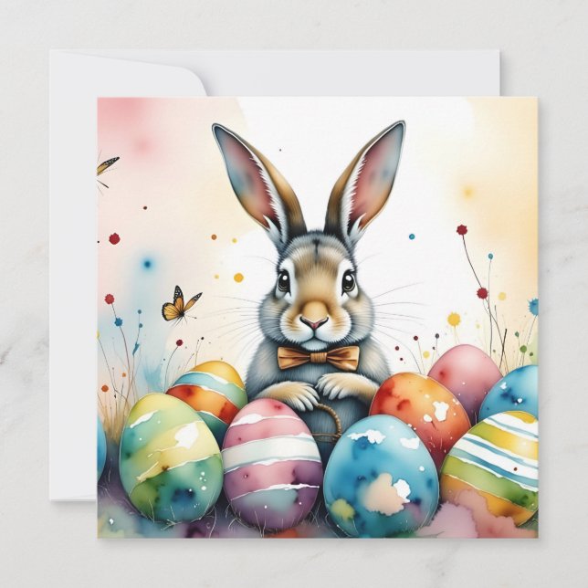 Cute Easter Bunny with Colourful Painted Eggs Card (Front)