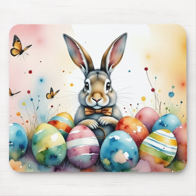 Cute Easter Bunny with Colourful Painted Eggs Mouse Pad (Front)