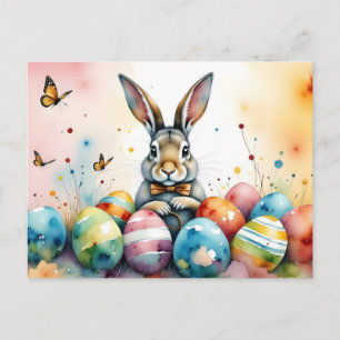 Cute Easter Bunny with Colourful Painted Eggs Postcard
