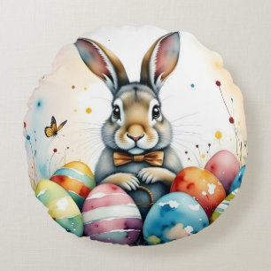 Cute Easter Bunny with Colourful Painted Eggs Round Cushion
