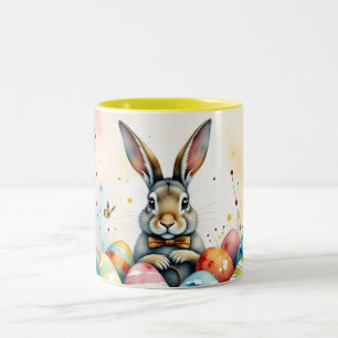 Cute Easter Bunny with Colourful Painted Eggs Two-Tone Coffee Mug