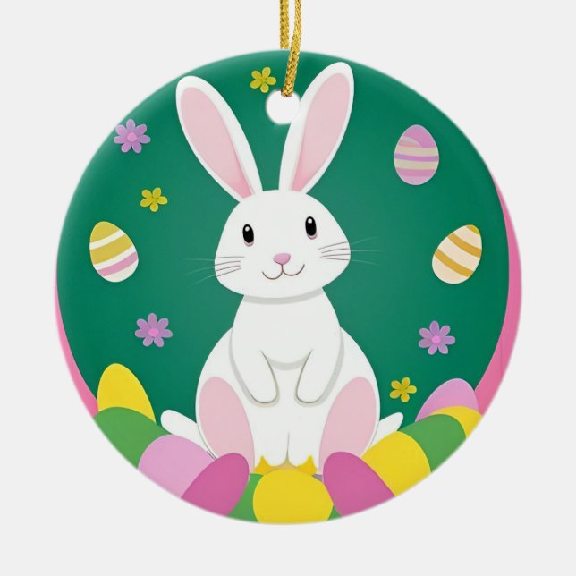 Cute Easter Bunny With Decorative Eggs Ceramic Ornament (Front)