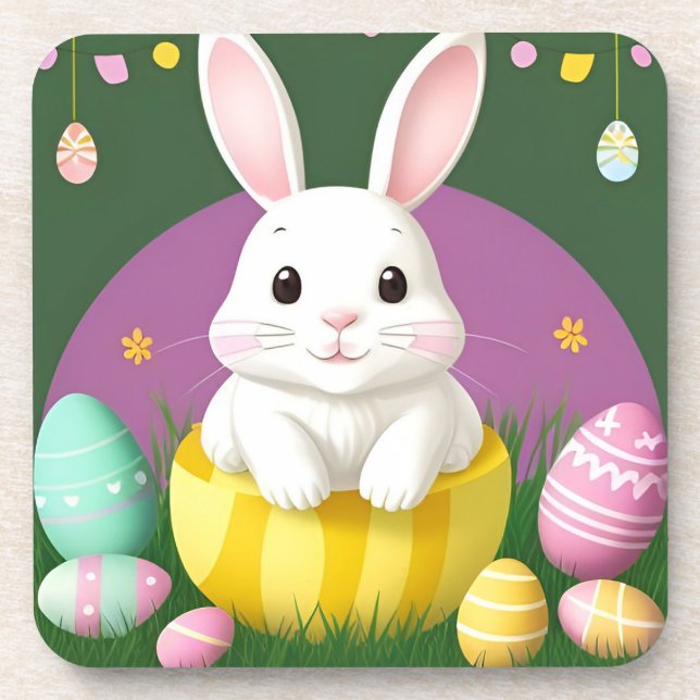 Cute Easter Bunny With Decorative Eggs Coaster (Front)