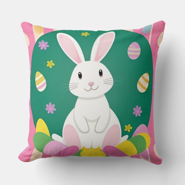 Cute Easter Bunny With Decorative Eggs Cushion (Front)