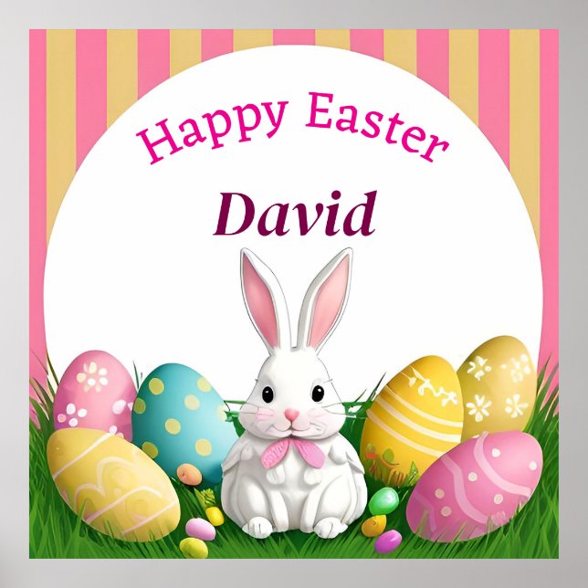 Cute Easter Bunny With Decorative Eggs Poster (Front)