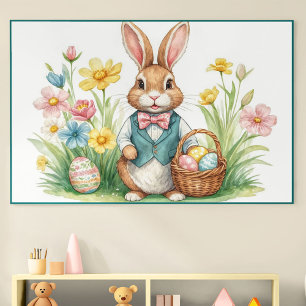 Cute Easter Bunny with Egg Basket Illustration Poster