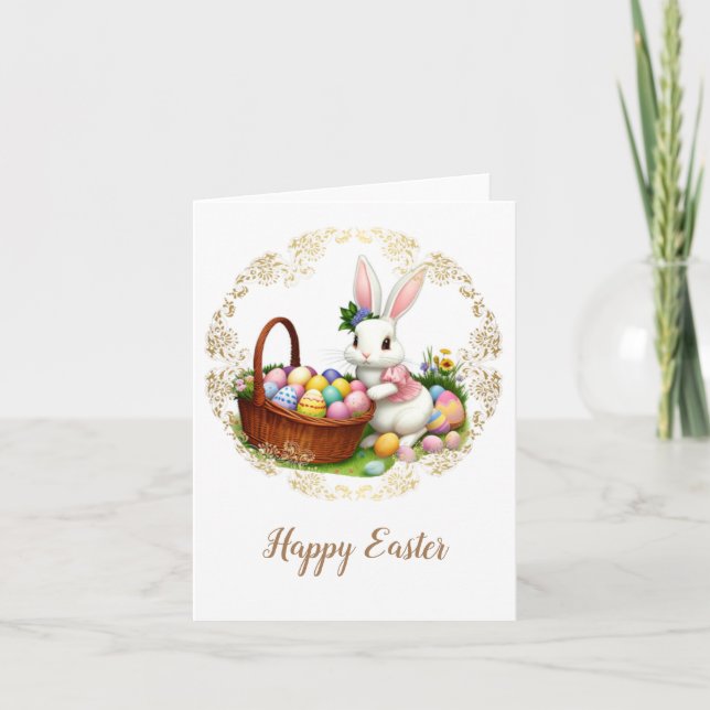 Cute Easter bunny with eggs Holiday Card (Front)