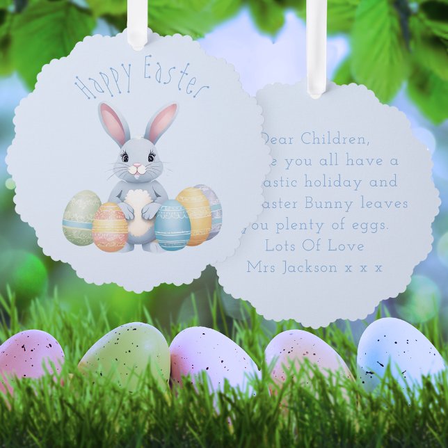 Cute Easter Bunny With Eggs Kindergarten Blue Tree Decoration Card (Front And Back)