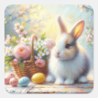 Cute Easter Bunny with Eggs - Pastel Spring Rabbit Square Sticker