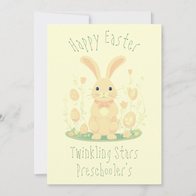 Cute Easter Bunny With Eggs Preschool Yellow Holiday Card (Front)