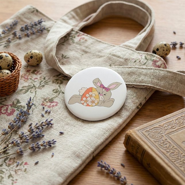 Cute Easter Bunny with Floral Egg 7.5 Cm Round Badge (Creator Uploaded)