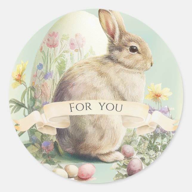 Cute Easter Bunny with flowers an egg Classic Round Sticker (Front)