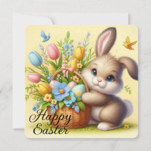 Cute Easter Bunny with Flowers and Basket Holiday Card