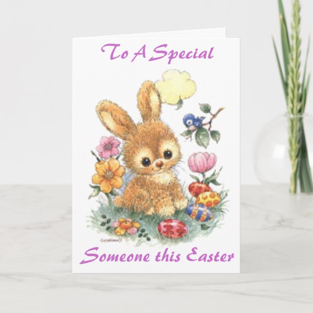 Cute Easter Bunny with Flowers and Eggs Holiday Card (Front)