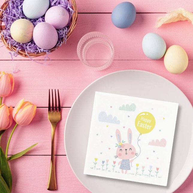 Cute Easter bunny with flowers, clouds and balloon Napkin (Creator Uploaded)
