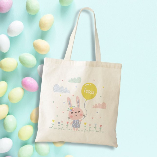 Cute Easter Bunny with flowers, clouds and balloon Tote Bag (Creator Uploaded)