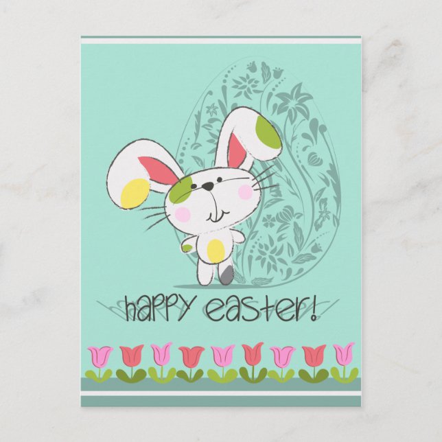 Cute Easter Bunny with tulips and Easter egg Holiday Postcard (Front)