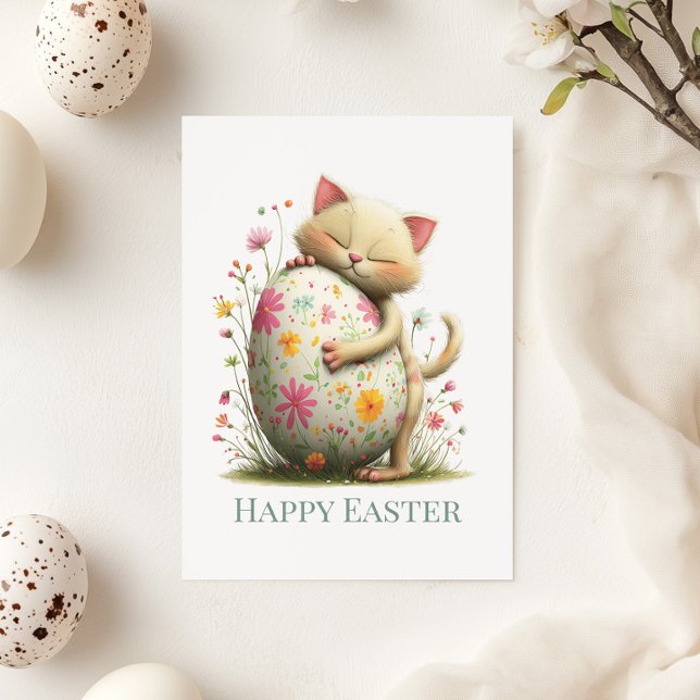 Cute Easter Cat Flat Greeting Card (Cute Easter Cat Flat Greeting Card on a sunny table with Easter and Spring decor)