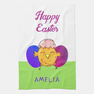 Cute Easter Chick and Eggs Happy Easter Tea Towel