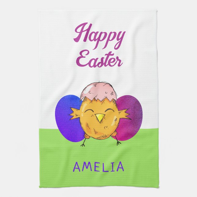 Cute Easter Chick and Eggs Happy Easter Tea Towel (Vertical)