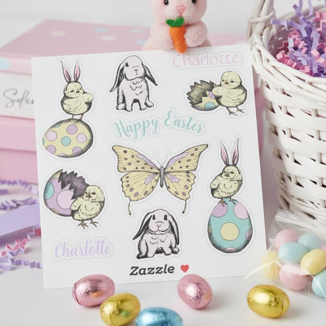Cute Easter Chick, Bunny, Butterfly & Custom Name  (Cute Happy Easter Bunny Rabbit, Colorful Eggs & Butterfly Stickers in Pastel Colors for Her)