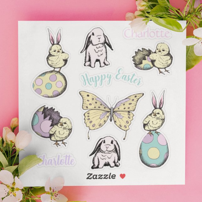 Cute Easter Chick, Bunny, Butterfly & Custom Name  (Adorable set of 10 vinyl Kiss-Cut stickers: Easter Chicks & Bunny Ears, Bunnies, 2 Personalized Name)