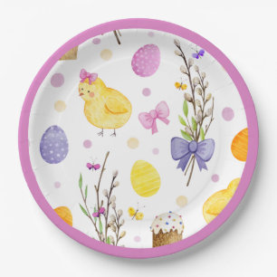 Cute Easter Chick & Eggs Pastel Paper Plate