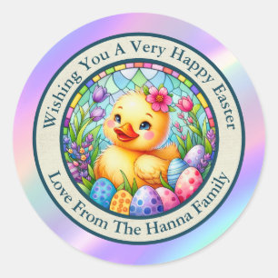 Cute Easter Chick, Flowers, and Colourful Eggs Classic Round Sticker