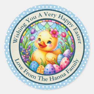 Cute Easter Chick, Flowers, and Colourful Eggs Classic Round Sticker
