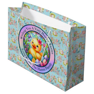 Cute Easter Chick, Flowers, and Colourful Eggs Large Gift Bag