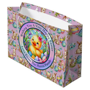 Cute Easter Chick, Flowers, and Colourful Eggs Large Gift Bag