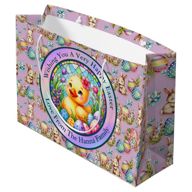 Cute Easter Chick, Flowers, and Colourful Eggs Large Gift Bag (Back Angled)