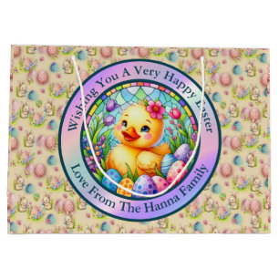 Cute Easter Chick, Flowers, and Colourful Eggs Large Gift Bag