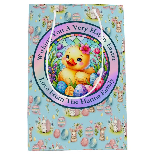 Cute Easter Chick, Flowers, and Colourful Eggs Medium Gift Bag (Front)