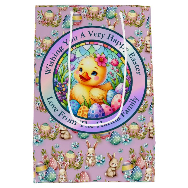 Cute Easter Chick, Flowers, and Colourful Eggs Medium Gift Bag (Back)