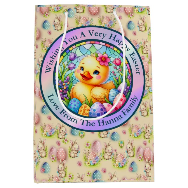 Cute Easter Chick, Flowers, and Colourful Eggs Medium Gift Bag (Front)