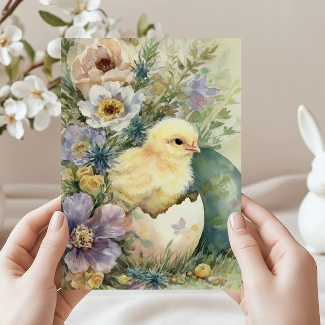 Cute Easter Chick Spring Wildflowers Watercolor Holiday Card (Creator Uploaded)