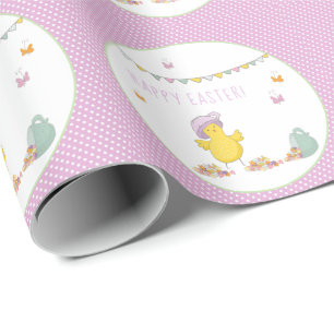 Cute Easter Chick with a Tea Cup and Flowers Wrapping Paper