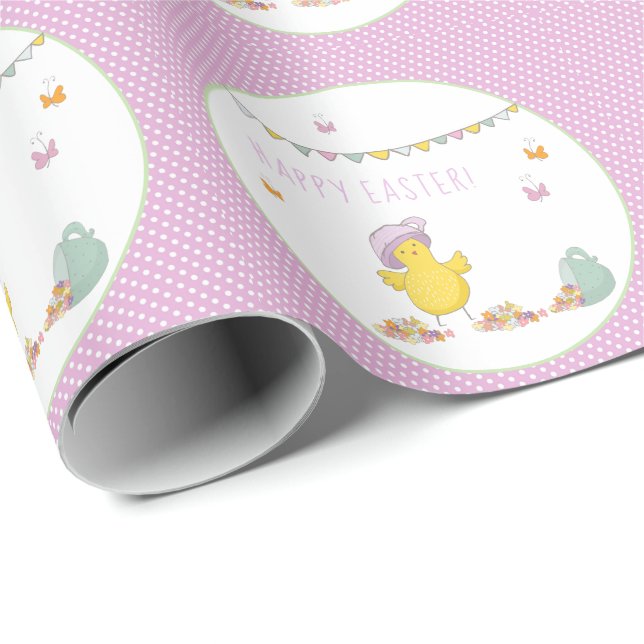 Cute Easter Chick with a Tea Cup and Flowers Wrapping Paper (Roll Corner)