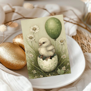 Cute Easter Chick with Easter Egg Spring Daisies Holiday Card