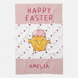 Cute Easter Chick with Eggshell Heart Happy Easter Tea Towel