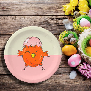 Cute Easter Chick with Eggshell on Head Paper Plate