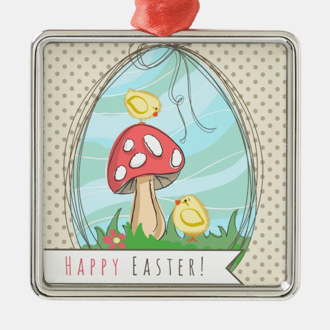 Cute Easter chick with mushroom Happy Easter Metal Ornament (Front)